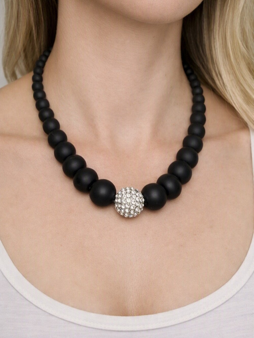 Lia Sophia Necklace Matte Black Graduated Bead Rhinestone Statment Whimsical